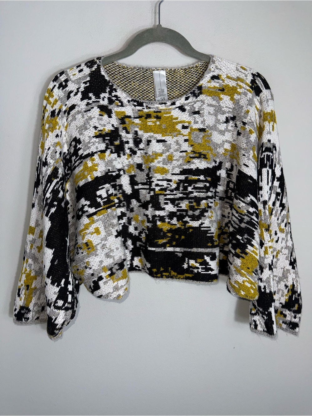 Marla Wynne Cropped Knit Sweater-Black White Mustard Splatter-Art to Wear-XS